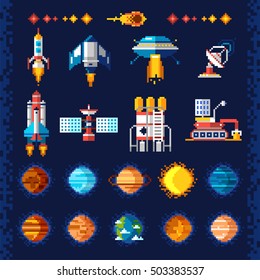 Space Icons Composition In Pixel Art Style