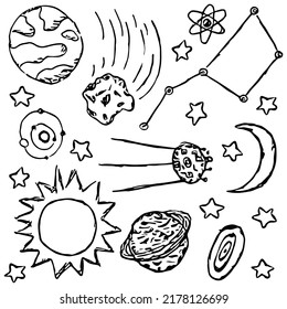 Iconos de espacio. Fondo Cosmos. Ilustración del espacio vectorial Doodle con planetas, cometas, estrellas, luna, sol y agujero negro