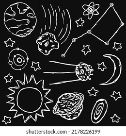 Space icons. Cosmos background. Doodle vector space illustration with planets, comet, stars, moon, sun and black hole