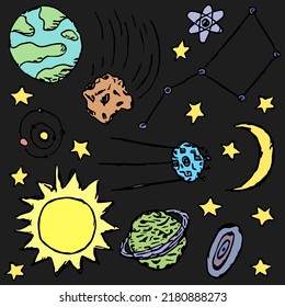 Space icons. Cosmos background. Doodle vector space illustration with planets, comet, stars, moon, sun and black hole