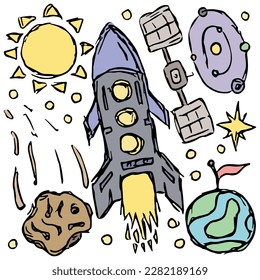 space icons. Cosmos background. Doodle vector space illustration