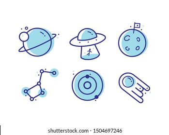 Space icons drawings with planets, stars, asteroids and meteors, undiscovered deep space. Children's space. Fantastic fabric for kids, vector illustration. Funny planets for kids