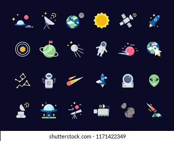 Space icons. Earth moon with sun and satellites asteroid views from telescope vector space icons in flat style. Illustration of earth and satellite, space rocket and moon, sun, asteroid, star