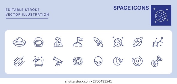 Iconos de espacio. Trazo Editable. Conjunto de iconos de línea delgada símbolo de colección. 