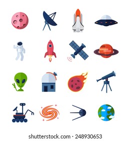 Space icons flat set with meteorite asteroid rocket globe isolated vector illustration
