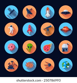 Space icons flat set with meteorite rocket spaceship satellite isolated vector illustration