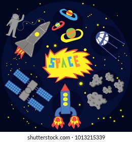 Space icons in flat style. Vector rocket, shuttle space ship, pl