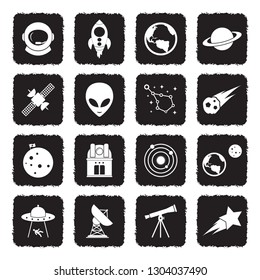 Space Icons. Grunge Black Flat Design. Vector Illustration. 