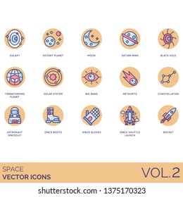Space icons including galaxy, distant planet, moon, saturn ring, black hole, terraforming, solar system, big bang, meteorite, constellation, astronaut spacesuit, boots, gloves, shuttle launch, rocket.