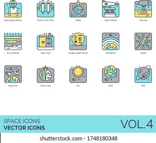 Space icons including supply delivery, rocket carrier plane, tektite, catapult, telescope, aurora borealis, food, voyager golden record, atmosphere, gravity, junk, planet crash, sun, earth, orbit.