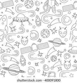 Space icons, infographics elements, seamless pattern. Modern line design. Vector.