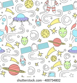 Space icons, infographics elements, seamless pattern. Modern line design. Vector.