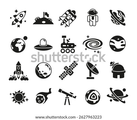 Space icons. Large set of Space trendy minimal icons. Rocket, Astronaut, Satellite, Planet, Telescope, UFO, Meteor icon. Design signs for web page, mobile app, packaging design. Vector illustration.