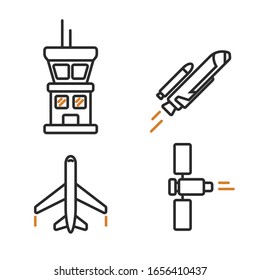 Space icons in linear style. Simple cosmic line signs. Airplane, spaceship, sputnik and tower symbols. Vector illustration