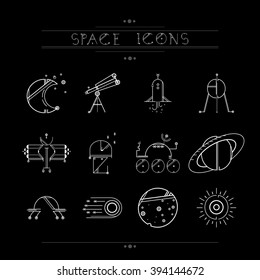  Space icons  modern line style vector. Cosmos icons isolated black background. Space series. Space exploration and adventure symbol.