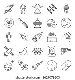 The space icons pack. Сontains galaxy, satellite, sputnik, jupiter, astronaut and other vector illustrations