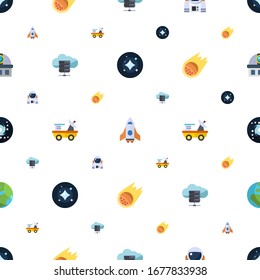space icons pattern seamless. Included editable flat stars, spaceship, astronaut, e-Book, moon rover, asteroid, galaxy, globe, observatory icons. space icons for web and mobile.