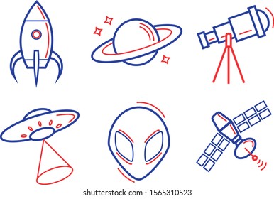 Space icons. Rocket, planet, telescope, flying saucer, UFO, satellite.