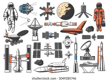 Space icons of rocket, spaceman and planets satellites, vector galaxy exploration. Lunar rover and spaceship shuttle, orbital station and meteor asteroids, cosmodrome spacecraft launch pad and sputnik