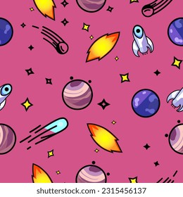 Space icons seamless pattern on pink background