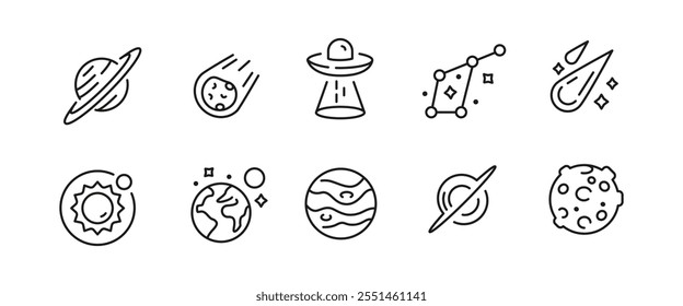 Space icons. Set of 10 space trendy minimal icons. Example: Planet, UFO, Moon, Comet icon. Design signs for web page, mobile app, packaging design. Vector illustration.