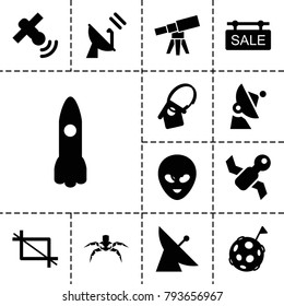 Space icons. set of 13 editable filled space icons such as satellite, rocket, crop, sale tag, home key tag, flag on moon, telescope