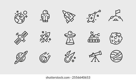 Space icons. Set of 15 space trendy minimal icons. Example: Planet, UFO, Moon, Telescope, Comet icon. Design signs for web page, mobile app, packaging design. Vector illustration.