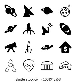 Space icons. set of 16 editable filled and outline space icons such as satellite, planet, telescope, planet and satellite, rocket, buying a house, observatory, alien head