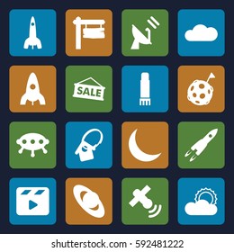 space icons set. Set of 16 space filled icons such as rocket, direction board, movie clapper, sun, glue pen, crescent, cloud, home key tag, satellite, sale, flag on moon, UFO
