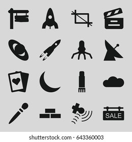 Space icons set. set of 16 space filled icons such as satellite, brick wall, rocket, nail sawing, direction board, movie clapper, glue pen, crescent, cloud, crop, sale tag
