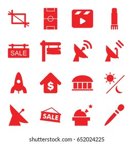 Space icons set. set of 16 space filled icons such as satellite, observatory, rocket, nail sawing, direction board, movie clapper, glue pen, crop, buying a house, sale tag