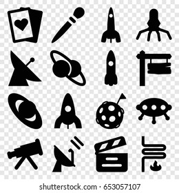 Space icons set. set of 16 space filled icons such as satellite, rocket, nail sawing, direction board, movie clapper, heating system, flag on moon, planet and satellite, ufo