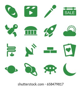Space icons set. set of 16 space filled icons such as brick wall, observatory, nail sawing, movie clapper, sun, crescent, sale tag, heating system, rocket, satellite