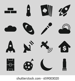 Space icons set. set of 16 space filled icons such as brick wall, rocket, nail sawing, pllaying card, satellite, sun, glue pen, crescent, cloud, buying a house, football pitch