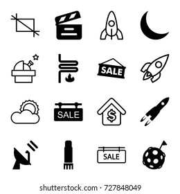 Space icons set. set of 16 space filled and outline icons such as movie clapper, glue pen, crescent, sale tag, heating system, satellite, sale, flag on moon, rocket, sun, crop