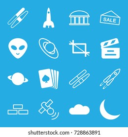Space icons set. set of 16 space filled and outline icons such as sawing, pllaying card, alien head, movie clapper, crescent, cloud, crop, rocket, planet, brick wall