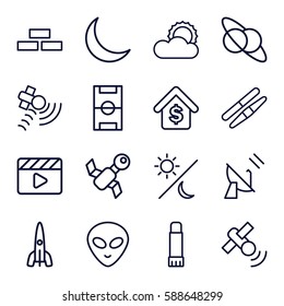 space icons set. Set of 16 space outline icons such as brick wall, sawing, movie clapper, satellite, sun, glue pen, crescent, buying a house, rocket, sun and moon