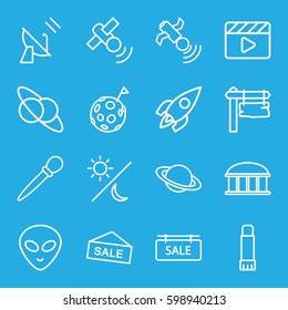 space icons set. Set of 16 space outline icons such as observatory, nail sawing, direction board, movie clapper, satellite, glue pen, sale tag, rocket, sun and moon