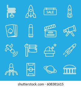 Space icons set. set of 16 space outline icons such as observatory, rocket, pllaying card, direction board, movie clapper, satellite, glue pen, sale tag, heating system