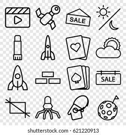 Space icons set. set of 16 space outline icons such as brick wall, rocket, pllaying card, movie clapper, sun, glue pen, crop, sale tag, home key tag, sun and moon
