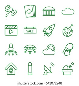 Space icons set. set of 16 space outline icons such as observatory, pllaying card, movie clapper, satellite, sun, glue pen, cloud, buying a house, sale tag, home key tag