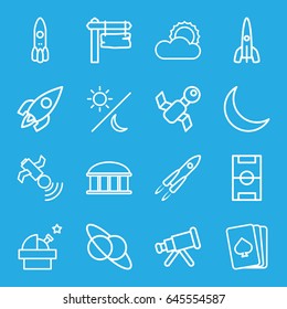 Space icons set. set of 16 space outline icons such as observatory, pllaying card, direction board, satellite, sun, crescent, rocket, sun and moon, football pitch, telescope