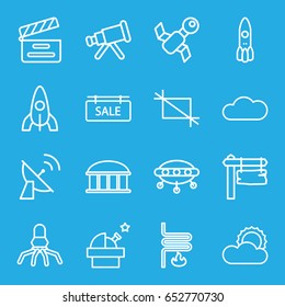 Space icons set. set of 16 space outline icons such as observatory, rocket, direction board, movie clapper, sun, cloud, crop, sale tag, heating system, satellite, telescope