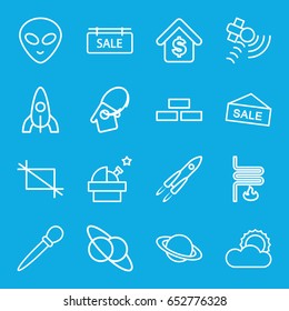 Space icons set. set of 16 space outline icons such as brick wall, rocket, nail sawing, satellite, sun, crop, buying a house, sale tag, home key tag, heating system