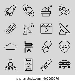 Space icons set. set of 16 space outline icons such as satellite, sawing, movie clapper, cloud, home key tag, heating system, rocket, football pitch, alien head, planet