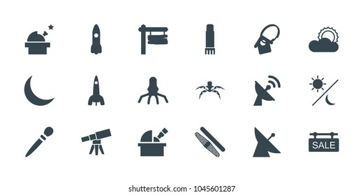 Space icons. set of 18 editable filled space icons: satellite, nail sawing, direction board, rocket, observatory, sun, glue pen, crescent, sale tag, home key tag, sun and moon