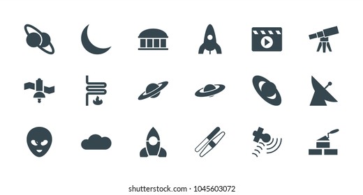 Space icons. set of 18 editable filled space icons: satellite, observatory, rocket, sawing, planet, planet and satellite, crescent, cloud, heating system, brick wall