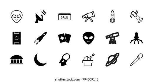 Space icons. set of 18 editable filled and outline space icons: observatory, alien head, rocket, crescent, home key tag, football pitch, satellite, nail sawing, telescope