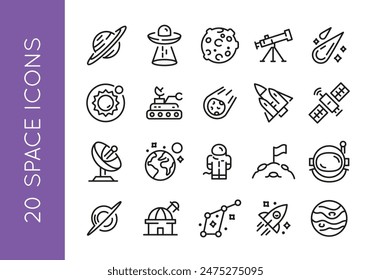 Space icons. Set of 20 space trendy minimal icons. Example: Planet, UFO, Moon, Telescope, Comet icon. Design signs for web page, mobile app, packaging design. Vector illustration.