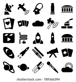 Space icons. set of 25 editable filled space icons such as observatory, sawing, planet, telescope, playing card, planet and satellite, rocket, movie clapper, satellite, sun